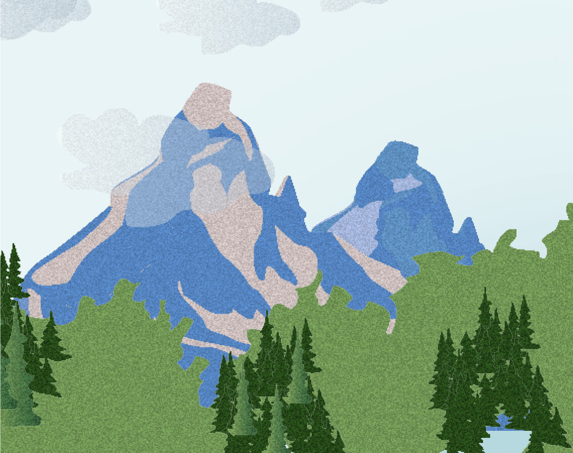 Illustration: Alpenlandschaft mit grünen Hügeln und blauen Bergen