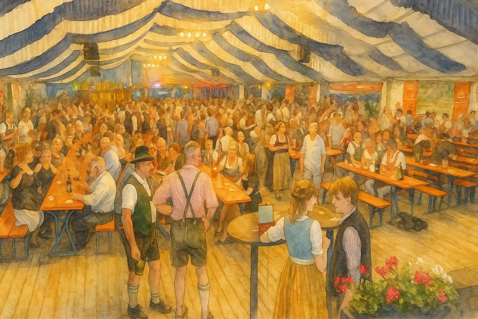 Menschen feiern in einem festlich geschmückten Bierzelt mit blau-weißer Zeltdecke, langen Holzbänken und traditioneller bayerischer Kleidung während eines Dorffestes.